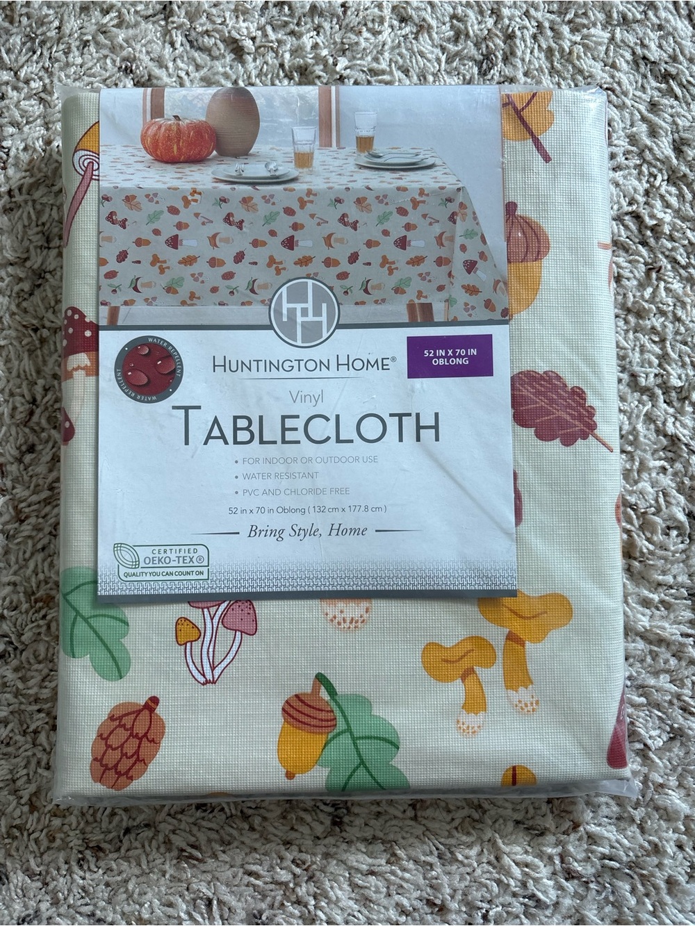 Huntington Home Woodland Autumn Mushroom Vinyl Tablecloth 52x70 Oblong Fall Deco